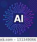 Vector illustration of AI logo with digital circuit board and network connections. Artificial intelligence circuit background with AI in blue purple gradient. Abstract technology background. 131349066