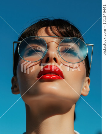 A woman with red lipstick and blue glasses is looking up at the camera 131349441