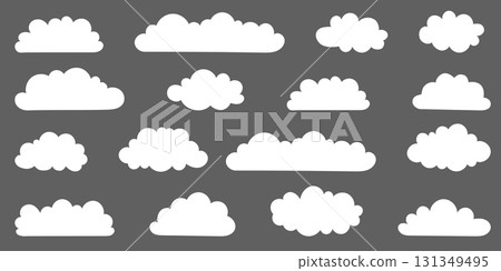 A collection of white cloud illustrations on a gray background. Vector set of cartoon clouds in flat design. Cloud icon set. 131349495