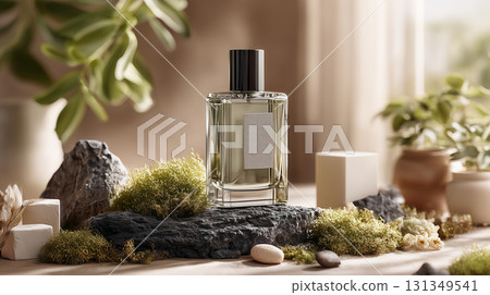 Luxury perfume spray mockup on rocks and green moss. Background is light beige, an empty label awaits. This elegant bottle on a natural display evokes a sense of refined simplicity. Luxury perfume spray mockup on rocks and green moss. Background is light beige, an empty label awaits. This elegant bottle on a natural display evokes a sense of refined simplicity. 131349541
