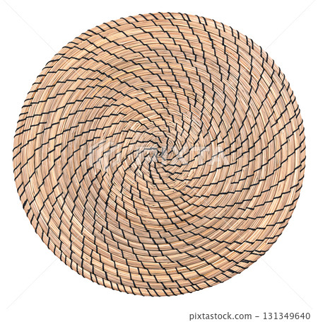 Spiral shaped place mat, made of seagrass, isolated, from above. Natural and organic underlay, with a diameter of 37 cm, about 14.6 in, made of sedge, a natural Asian seagrass, sewn with black thread. 131349640