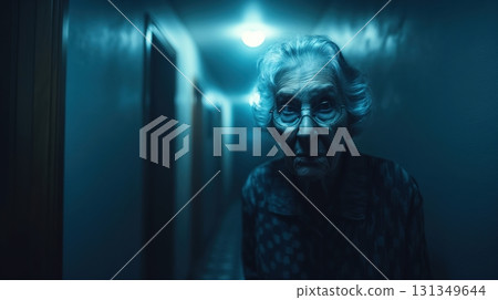 A woman with glasses and gray hair is standing in a hallway 131349644