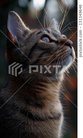 A cat with a long tail and a black nose is looking up at the camera 131349646