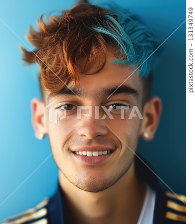 A man with blue and red hair is smiling at the camera A man with blue and red hair is smiling at the camera 131349749
