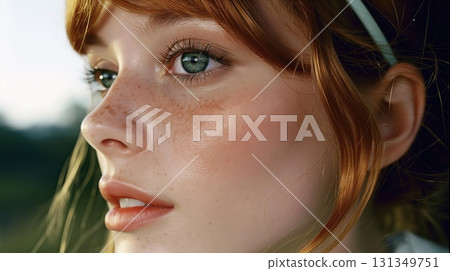 A woman with green eyes and red hair is wearing a green headband 131349751