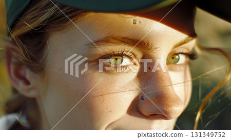 A woman with green eyes and a green hat 131349752
