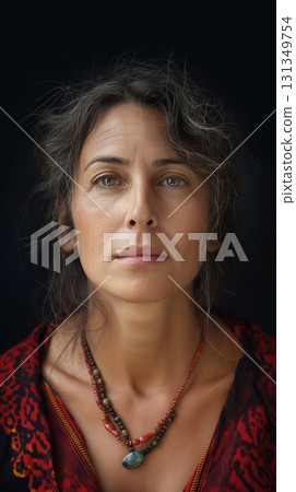 A woman with a necklace and a red scarf 131349754