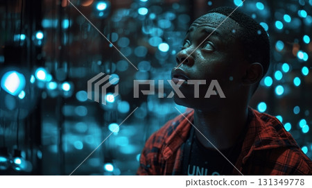 A man in a red shirt is looking up at a light show 131349778