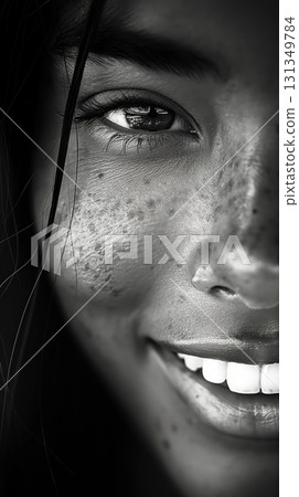 A woman with a smile on her face and a black and white photo of her A woman with a smile on her face and a black and white photo of her 131349784
