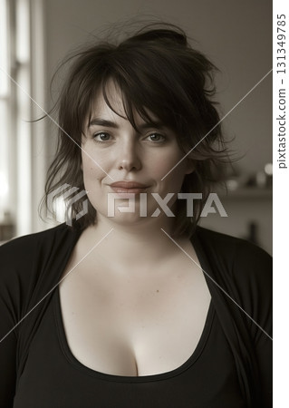 A woman with a messy bun and a black shirt 131349785