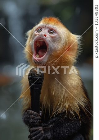 A monkey is holding a microphone and making a loud noise 131349803