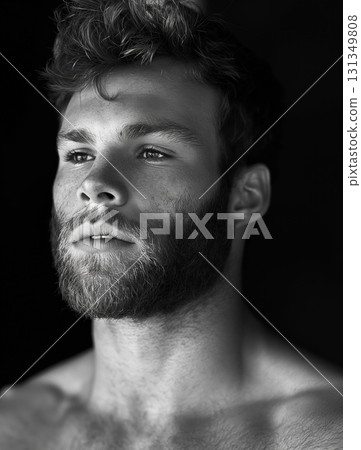 A man with a beard and a mustache is standing in front of a black background 131349808