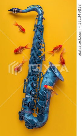 A blue saxophone is surrounded by a group of fish 131349818