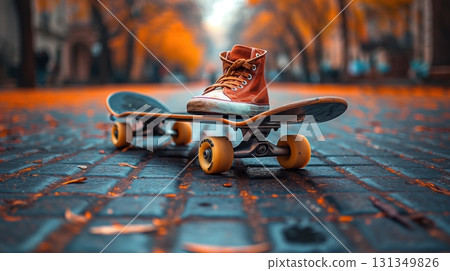 A skateboard with a red shoe on top of it 131349826