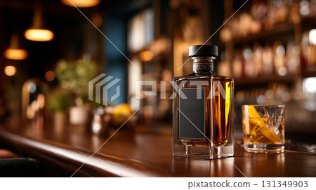 Old wooden barrel, Scotch whiskey bottle, and glass. Close up concept mockup of bottle for luxury alcohol: Brandy, Cognac, Rum, or product. Copy space for design. Modern bar atmosphere. 131349903