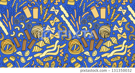 Italian food design with assorted pasta types, colorful hand-drawn vector seamless illustration 131350032