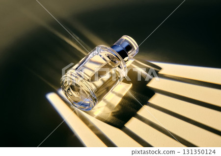 A bottle of perfume spray in an interesting light with stripes of shadows. 131350124