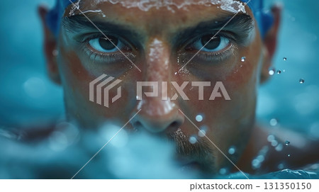 A man is swimming in a pool with his eyes closed 131350150