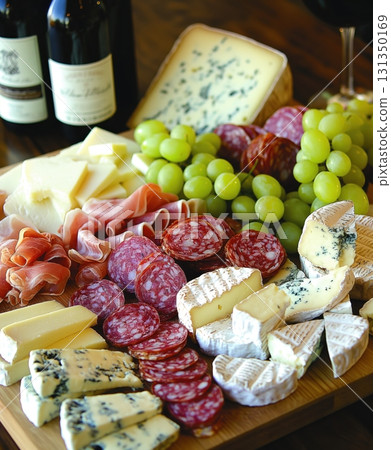 A cheese and meat platter with a bottle of wine on the table 131350169