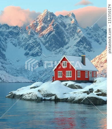 A red house sits on a rocky shore next to a body of water A red house sits on a rocky shore next to a body of water 131350174