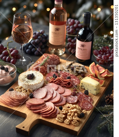 A platter of food with a bottle of wine and a bottle of wine on the table A platter of food with a bottle of wine and a bottle of wine on the table 131350201