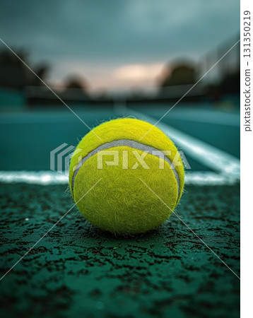 A tennis ball is sitting on a green court A tennis ball is sitting on a green court 131350219