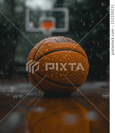 A basketball is sitting on a wooden surface with raindrops on it 131350231