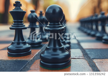 A black chess piece is on a checkered board 131350242