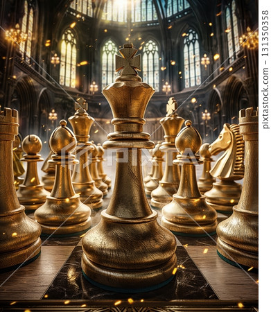 A chess game with a golden king in the middle 131350358