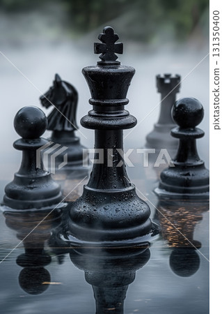 A black chess piece is surrounded by water droplets A black chess piece is surrounded by water droplets 131350400