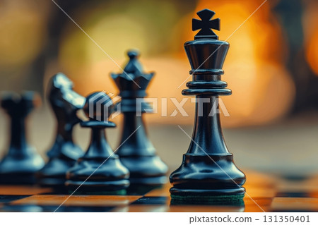 A black chess piece is on a chess board with other pieces 131350401
