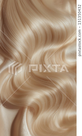 Blond hair close-up as a background. Women's long blonde hair. Beautifully styled wavy shiny curls. Hair coloring. Hairdressing procedures, extension. White hair vertical image 131350432