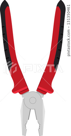 Illustration of metal pliers with red handles and black grip, used for gripping and cutting. 131350461