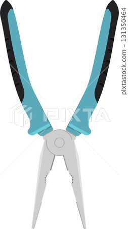 Illustration of open pliers with light blue handles, isolated on a black background. Tools. 131350464