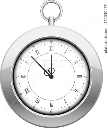 Silver-framed pocket watch with roman numerals on a white face showing eleven o'clock and zero minutes. 131350465