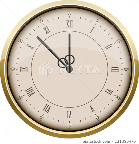 Clock face displays almost 12 o'clock on an analog clock with roman numerals and gold frame. Clock face displays almost 12 o'clock on an analog clock with roman numerals and gold frame. 131350470