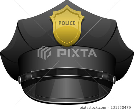 Law enforcement headgear: A black police hat with a golden shield emblem indicating authority. 131350479