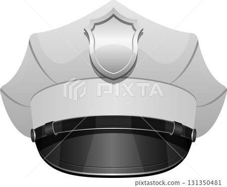 Cartoon rendering of a white peaked cap with a black brim and badge emblem on the front. Cartoon rendering of a white peaked cap with a black brim and badge emblem on the front. 131350481