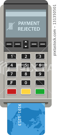 A payment terminal displays "payment rejected" with a credit card inserted for transaction. 131350501