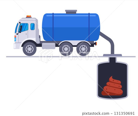 A tanker truck pumps feces out of a cesspool. A tanker truck pumps feces out of a cesspool. 131350691