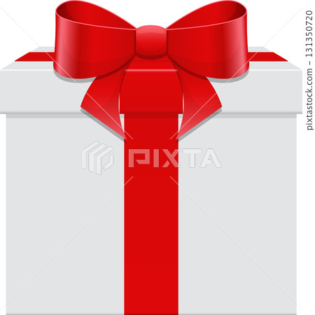 A white gift box tied with a vibrant red ribbon and bow sits ready for a special occasion. 131350720