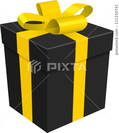 Elegant black gift box with bright yellow ribbon and bow, beautifully wrapped for a special event. 131350741
