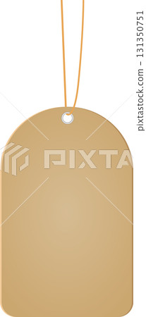 A blank brown tag with rounded corners hangs from a light brown string against a black background. 131350751
