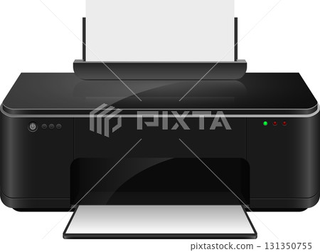 Modern black printer shown against black background with two sheets of paper in the device. Modern black printer shown against black background with two sheets of paper in the device. 131350755