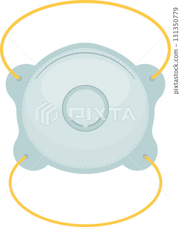 A protective face mask with elastic straps in yellow against a solid black background. 131350779