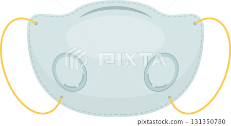 Cartoon medical mask, light blue color with a double ring around the two air filter vents. 131350780