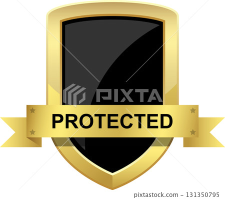 A golden shield with the word PROTECTED on a ribbon against a black background with glossy reflections. A golden shield with the word PROTECTED on a ribbon against a black background with glossy reflections. 131350795