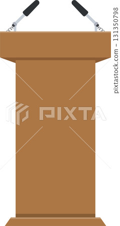 A wooden podium with two microphones stands ready for a speaker to deliver their message. 131350798