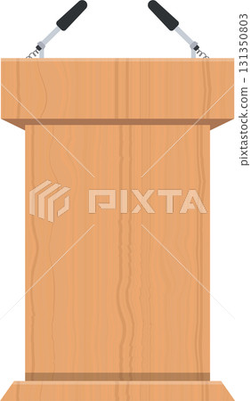 A simple, wooden podium with two microphones is shown against a black background. A simple, wooden podium with two microphones is shown against a black background. 131350803