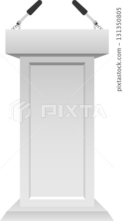 Image of a white speaker's podium with two microphones, isolated on a black background. 131350805
